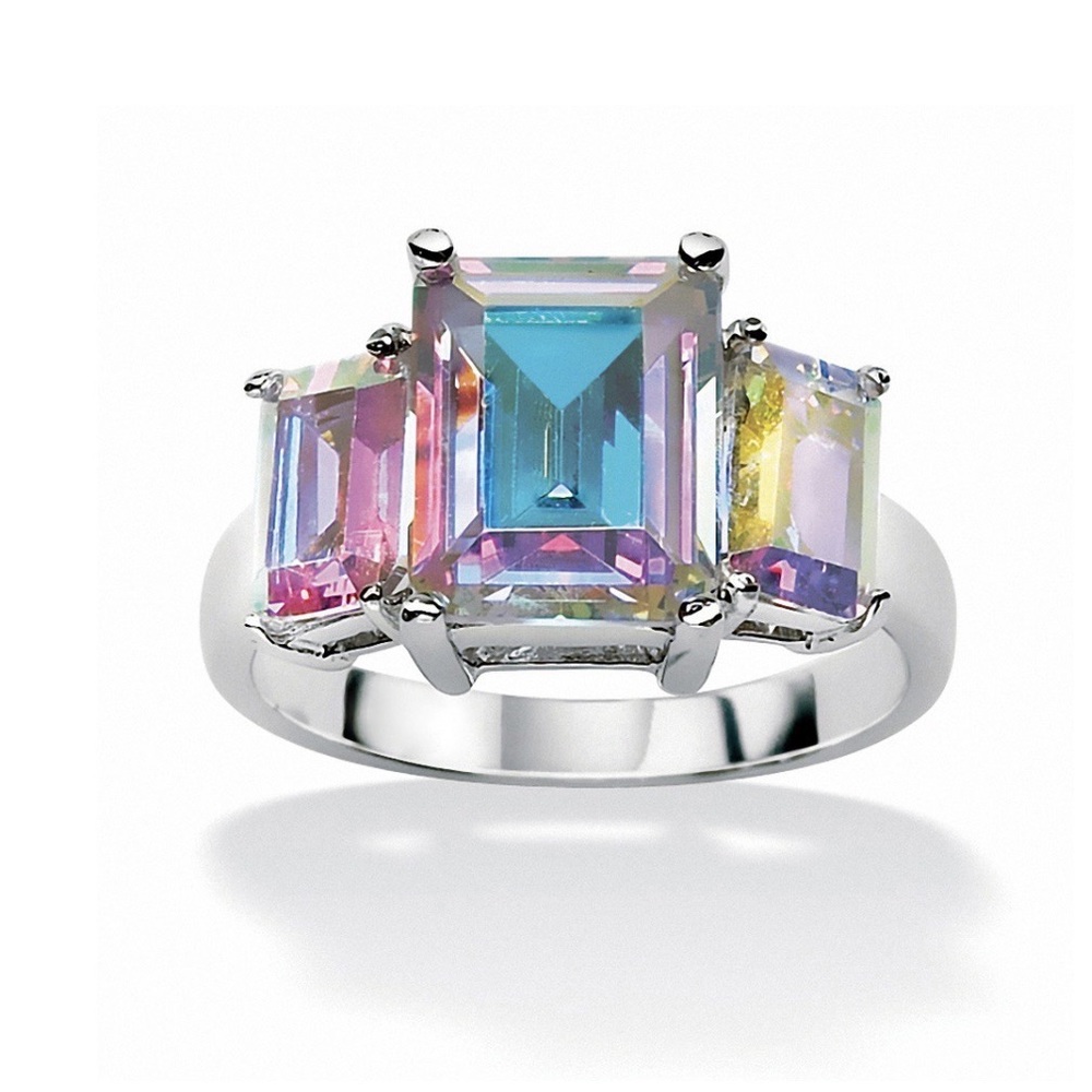 Stunning Sterling Silver Emerald-Cut Aurora Borealis Cubic Zirconia Ring